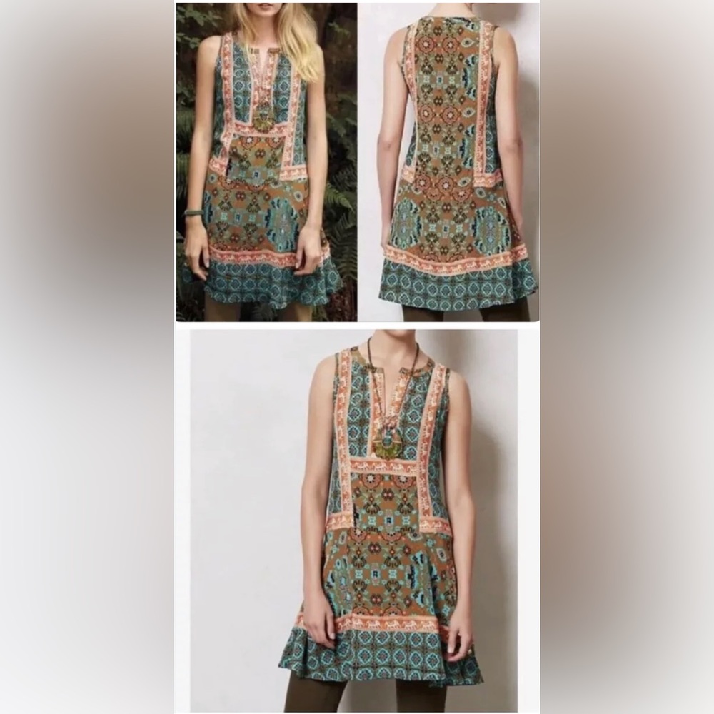 Anthropologie Moroccan print silk midi sleeveless dress